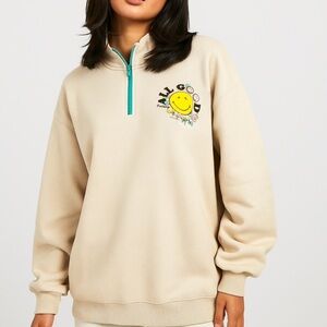 SMILEY WORLD Cream Quarter-Zip smiley ALL GOOD Sweatshirt size XL